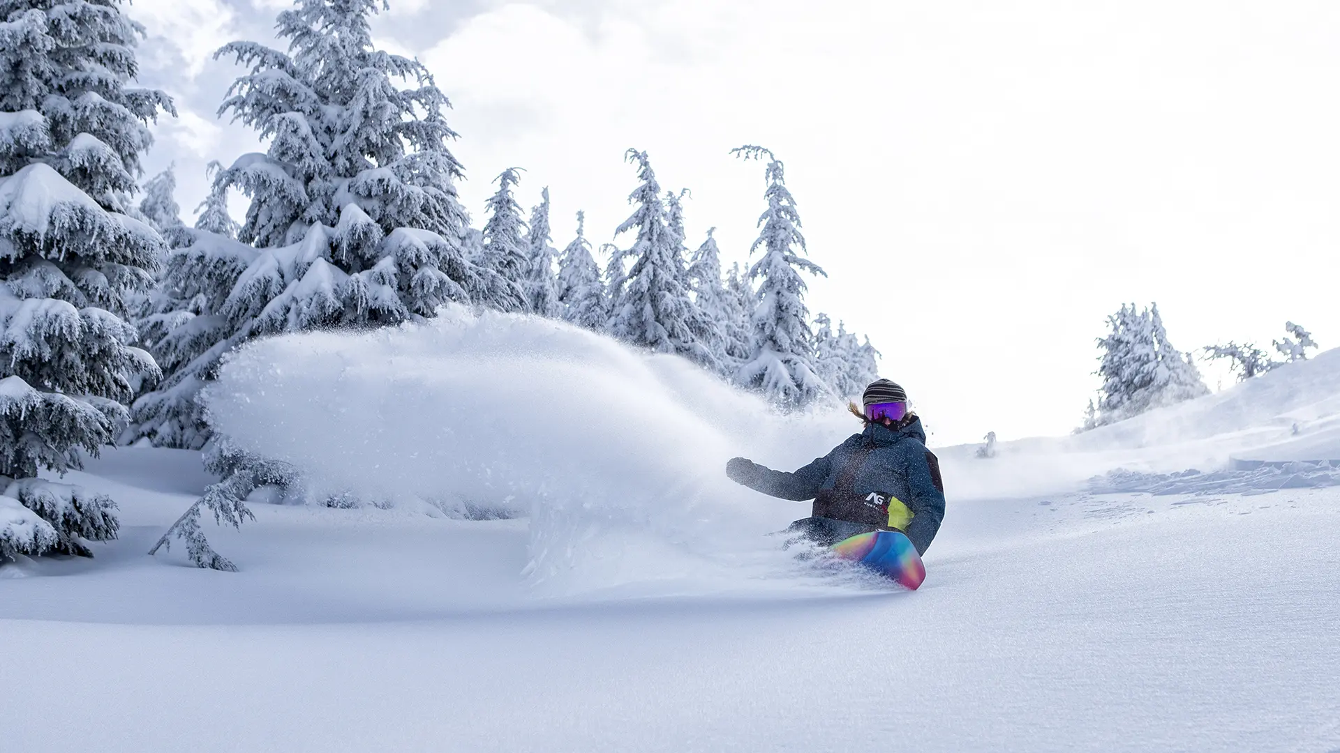 Snowboarder riding powder at Mt. Bachelor