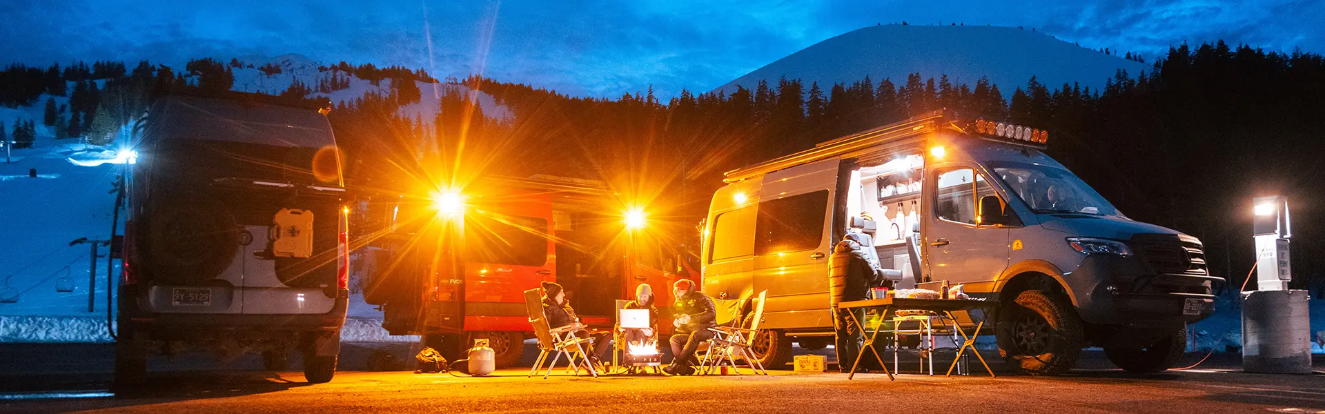 RV campers at night during the winter season at Mt. Bachelor