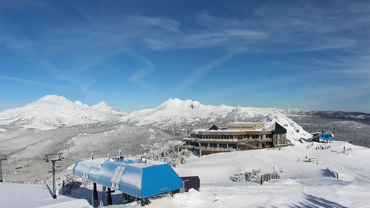 View of the Three Sisters, Outback Express, Pine Marten Lodge, and Pine Marten Express from Mt. Bachelor