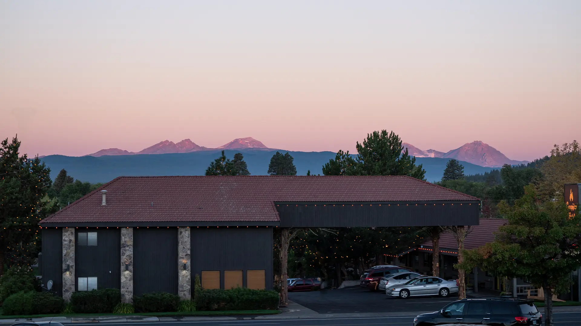 View of the Sisters Mountains from the Campfire Hotel in Bend, OR