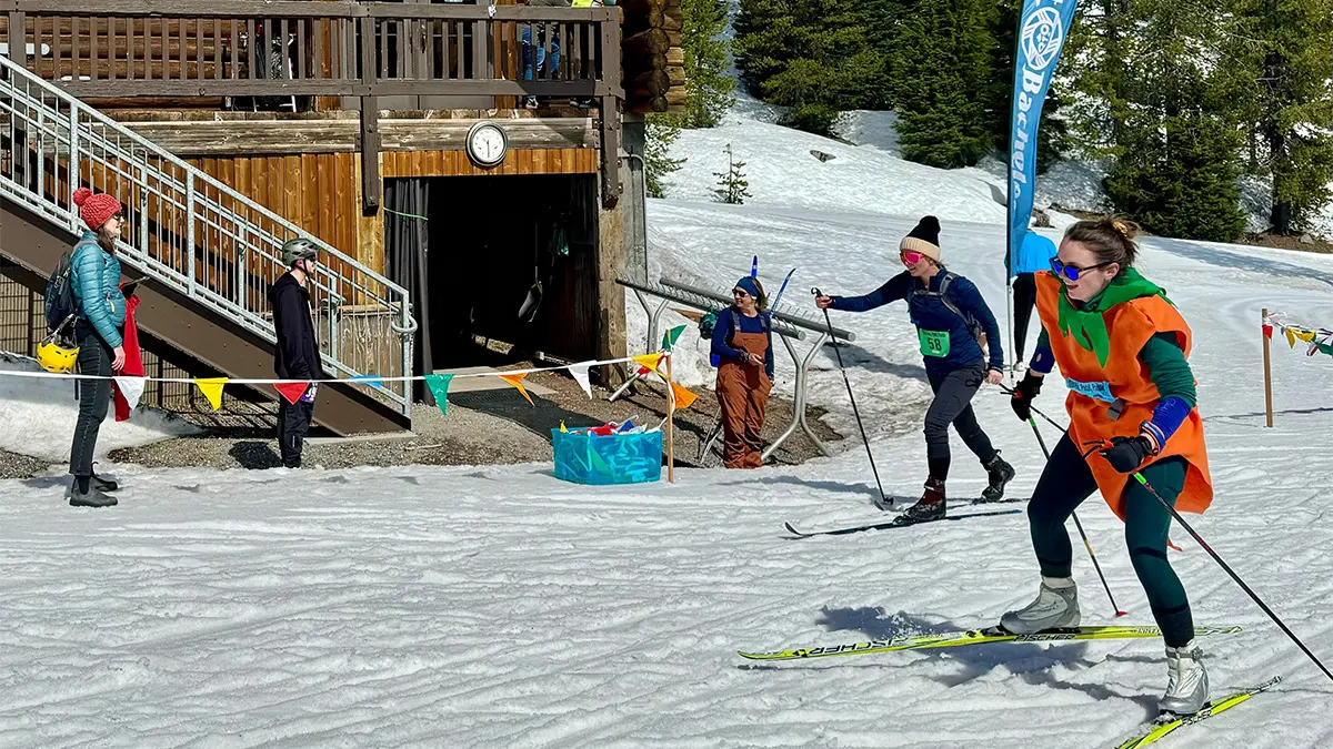 Skiers previewing the Pole Pedal Paddle course.