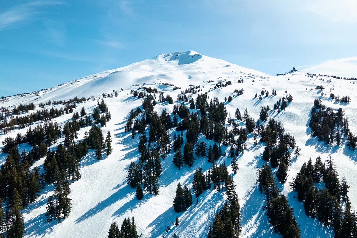 Scenic drone shot of Mt. Bachelor