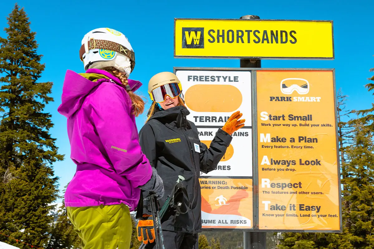 Woodward instructor reviewing terrain park safety.